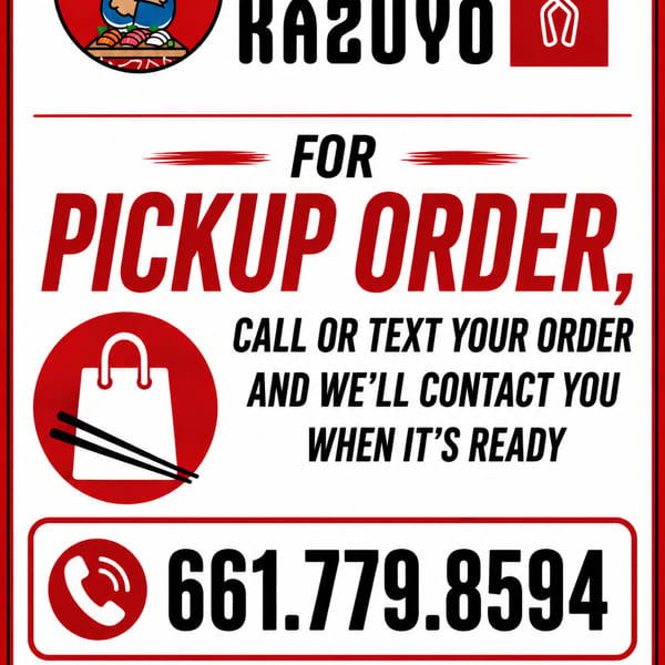A red and white flyer for Twisted Kazuyo pickup orders, with contact information and address.