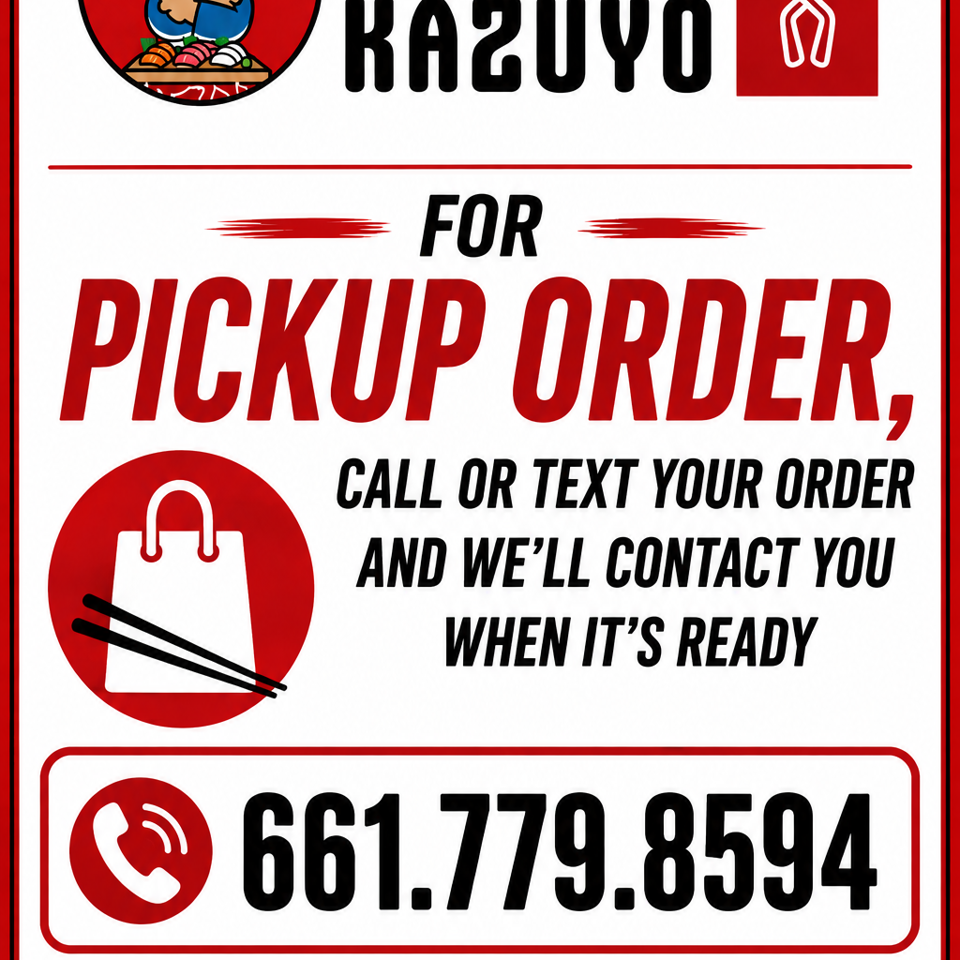 A red and white flyer for Twisted Kazuyo pickup orders, with contact information and address.